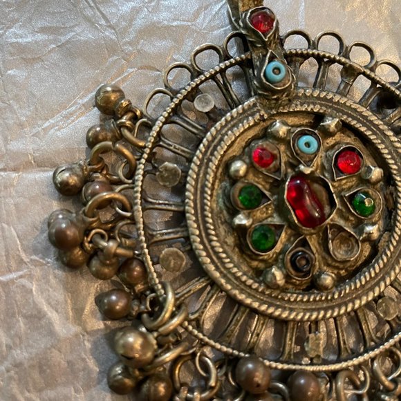 Rare vintage Afghani large necklace pendant with beads +glass stone - Picture 2 of 8